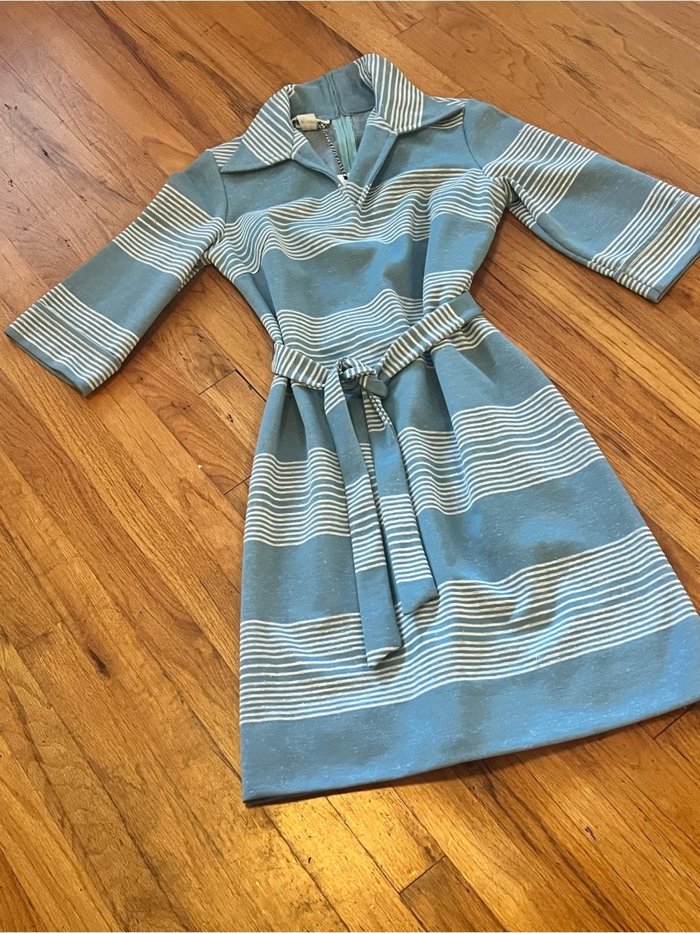 Vintage Blue and White Striped Midi Dress with Belt